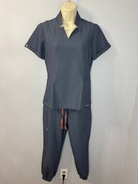 FIGS women's Scrub Set Jogger Pants XSP & Inala Slim Top Self Collar XS Ash Blue
